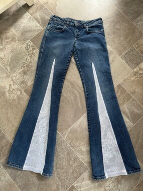 VTG 90s Brody Dark Blue Flare Jeans w/ White Panel Inserts | Custom Boho Y2K